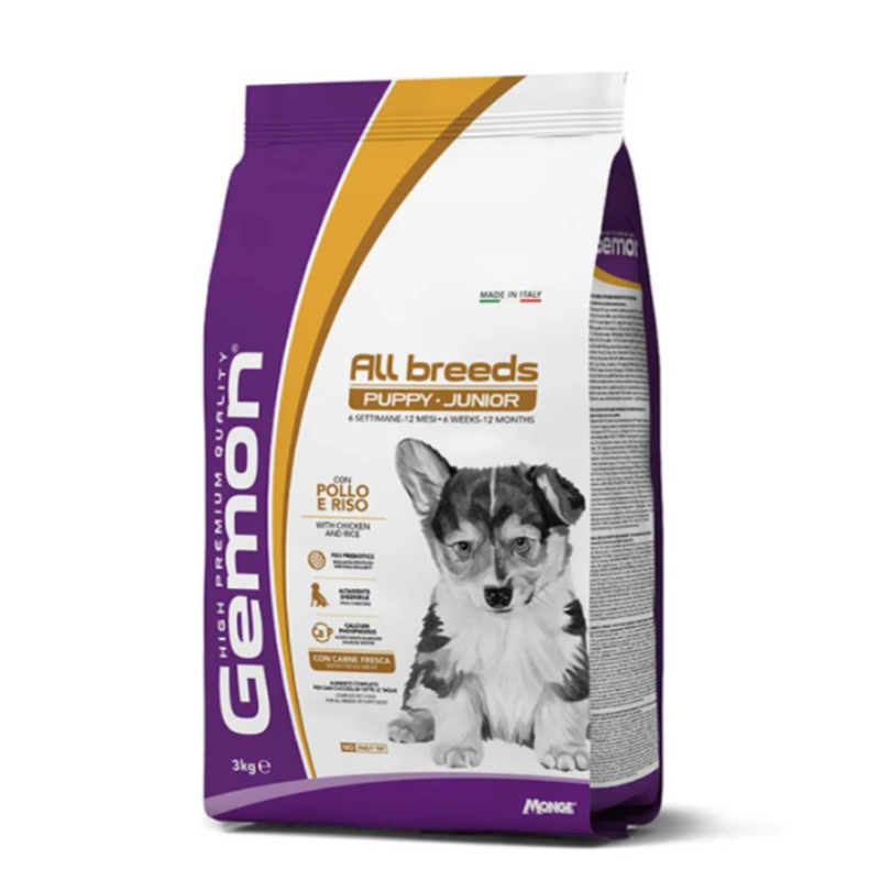 Cibo secco per cani Gemon High premium all breeds puppy junior pollo e riso sacco da 3Kg