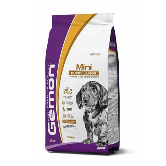 Cibo per cani gemon mini puppy e junior con pollo e riso sacco da 3Kg