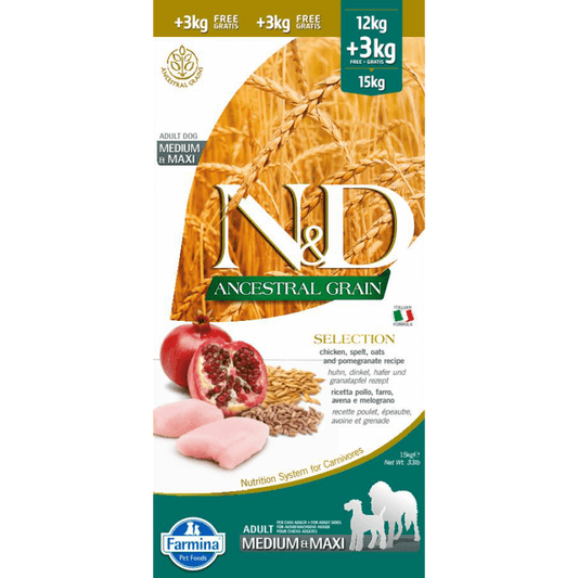 cibo per cani N&D farmina ancestral grain pollo farro avena e melograno 12+3kg